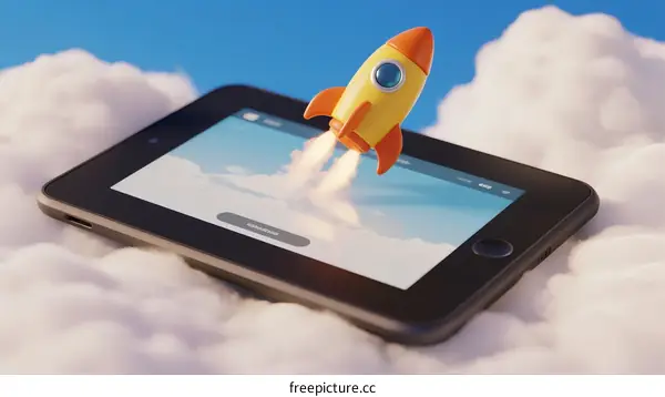 Rocket Launching from Smartphone Screen in Cloudy Sky