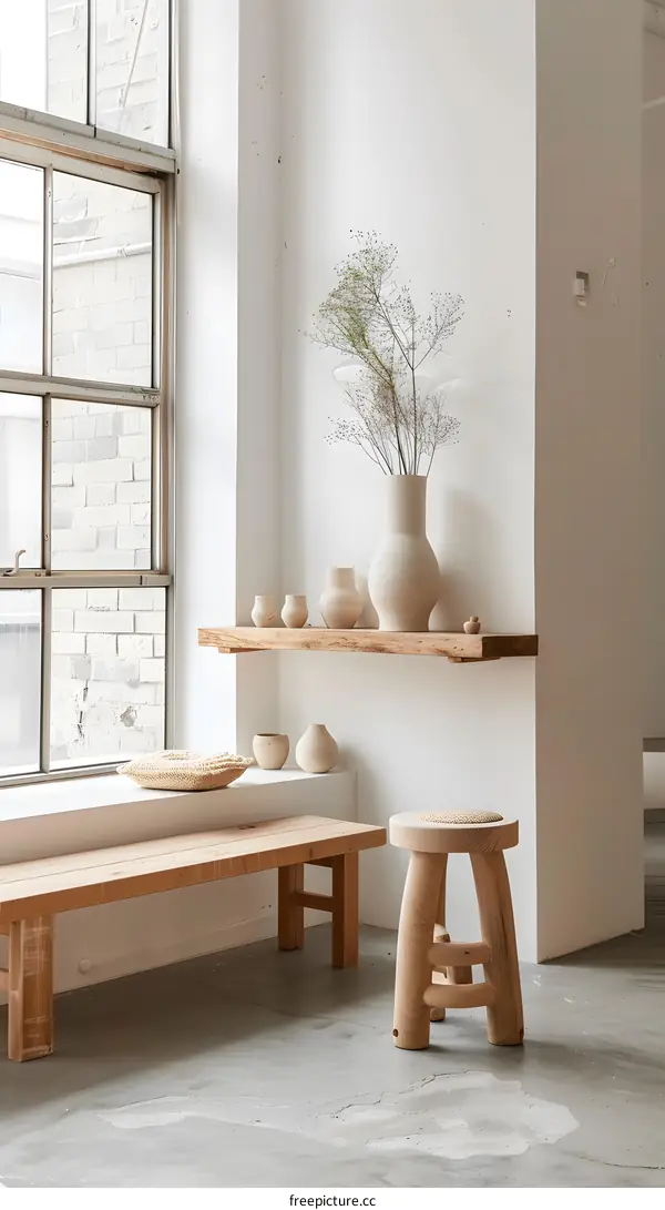 Minimalist Interior Design with Wooden Bench and Stool