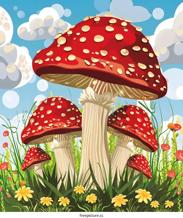 Red and White Mushrooms in the Grass