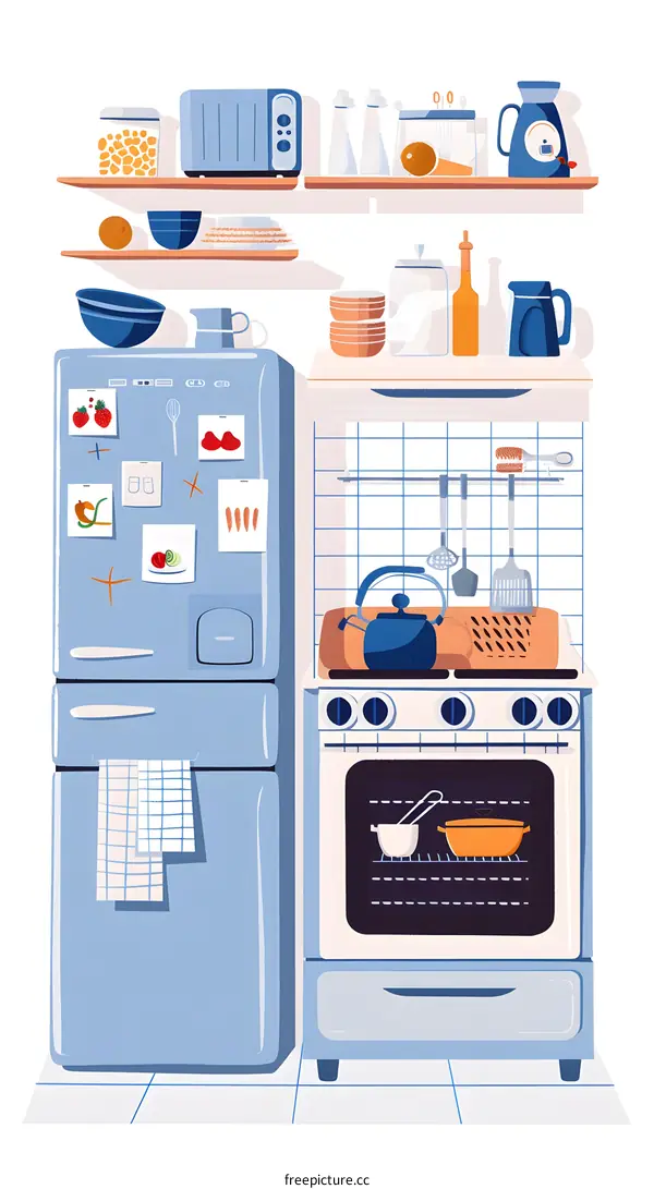 Kitchen Appliances Illustration with Stove, Oven, and Refrigerator