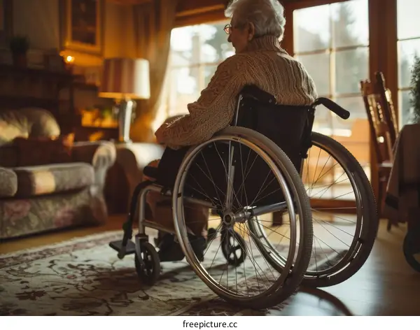An elderly person in a wheelchair sits in a living room and looks out the window