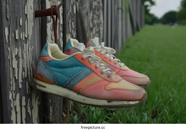 A pair of colorful sneakers hanging on a rusty nail in a wooden fence