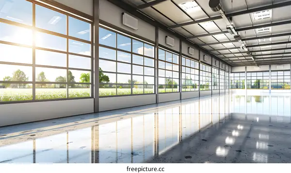 Large Empty Warehouse With Windows Looking Out To Grassy Field