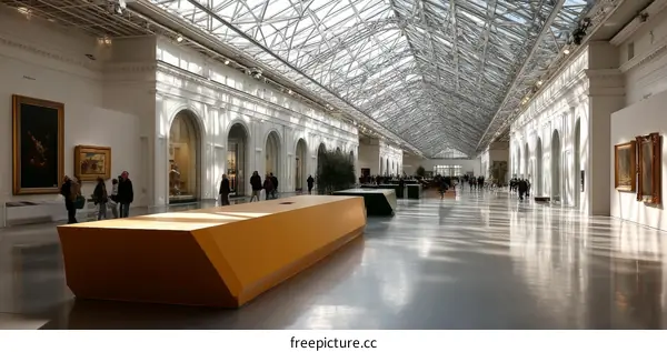 Museum Hallway with Art and People