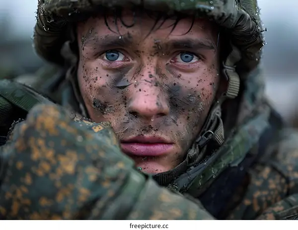 Portrait of a young soldier with blue eyes and a dirty face
