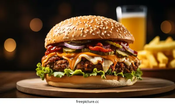 A delicious cheeseburger with a side of fries and a glass of beer