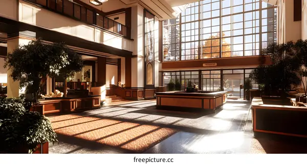Modern Building Lobby With Large Windows And Sunlight Streaming In