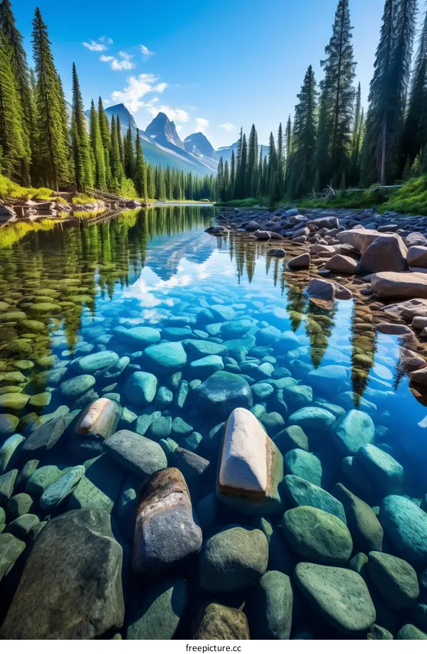 Rocky Mountains landscape with river and trees