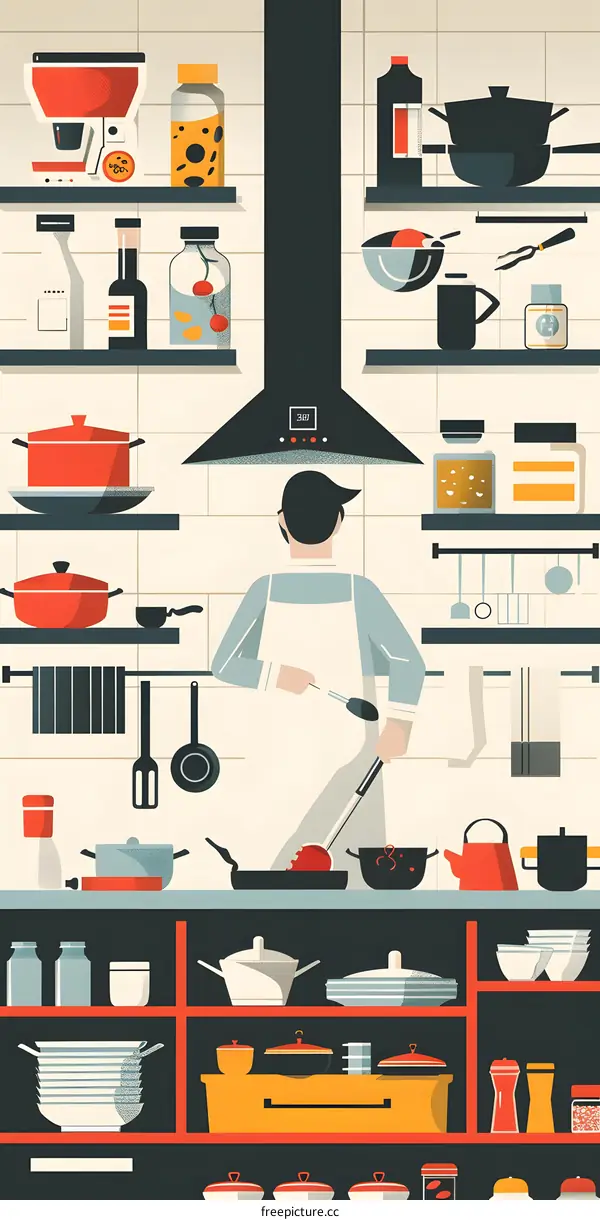 Man Cooking in a Modern Kitchen with a Variety of Kitchenware