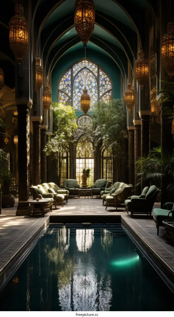 Indoor swimming pool with green walls and stained glass windows