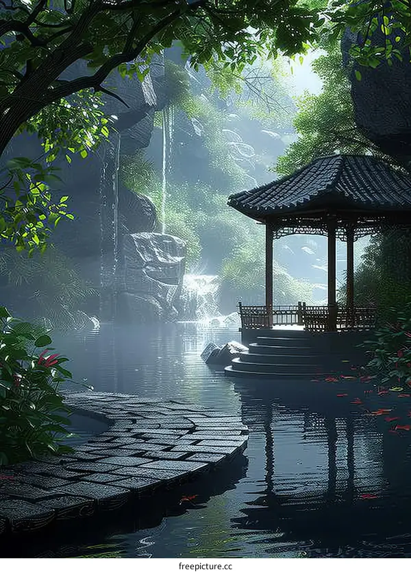 Misty River Pavilion in a Chinese Forest