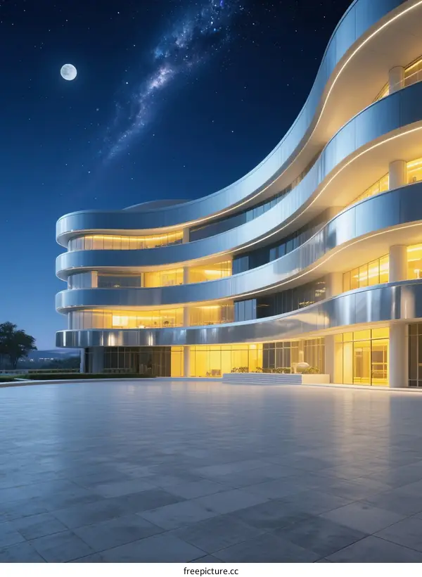 Modern Curved Building Under Starry Night with Illuminated Windows