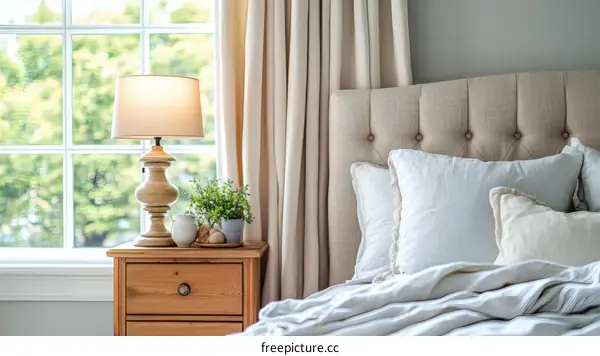 Cozy Bedroom with Natural Light and Wooden Furniture