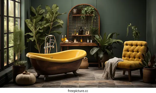 Elegant bathroom with yellow bathtub and green walls