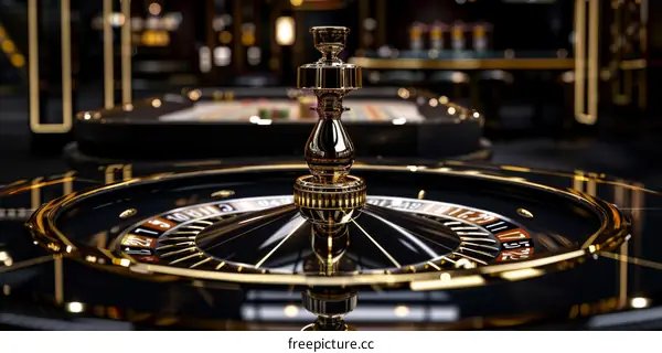 Close-up of Casino Roulette Wheel in Black and Gold