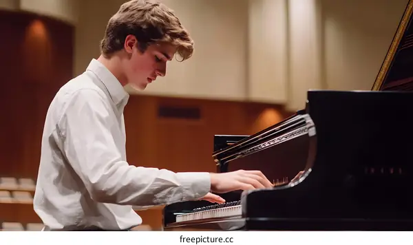 Young Man Playing Piano In Concert Hall