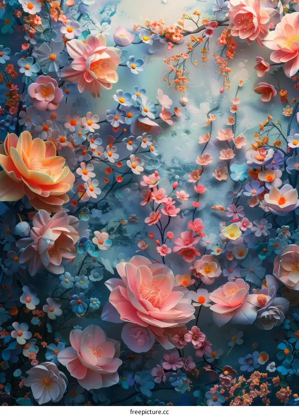 Pink and Blue Flowers on Blue