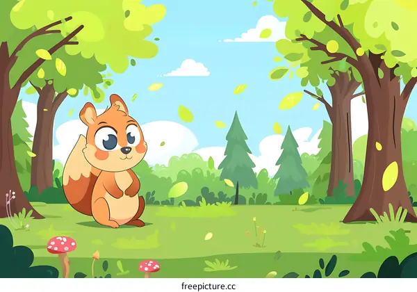 Cute Cartoon Squirrel in a Green Forest