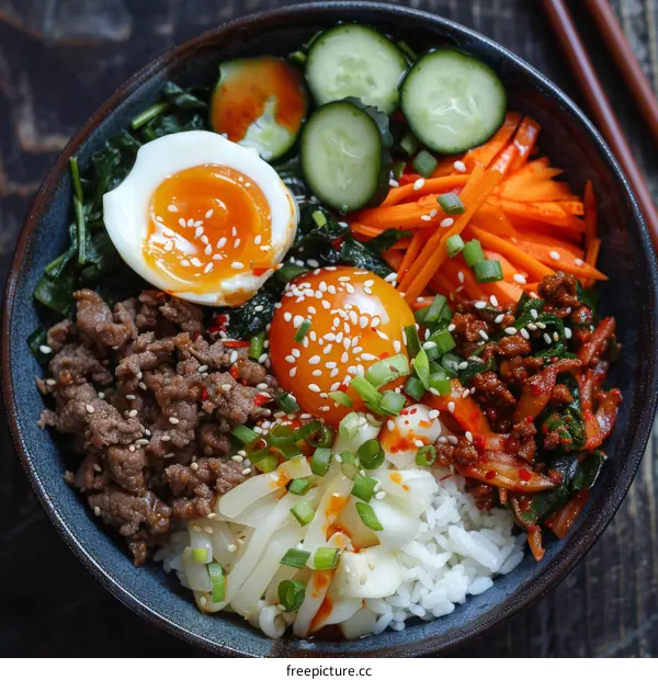 Bibimbap: Korean Rice Bowl with Vegetables, Kimchi, and Egg