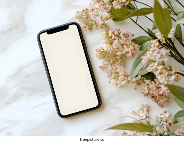 Blank Smartphone Screen Mockup with Flowers on Marble Background