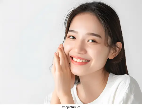 Portrait of a Smiling Asian Woman with Hands on Face