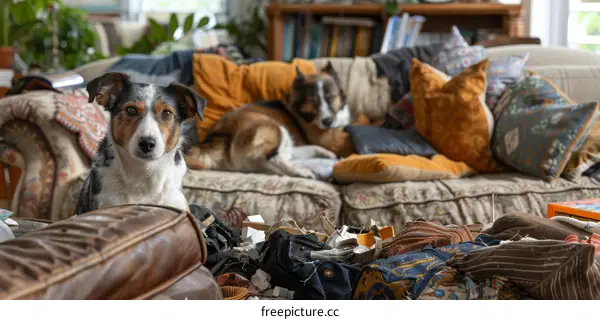 A living room with two dogs on the couch and stuff everywhere