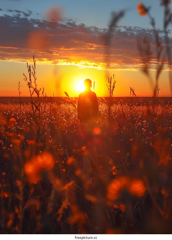 Silhouette of a Person Standing in a Field at Sunset