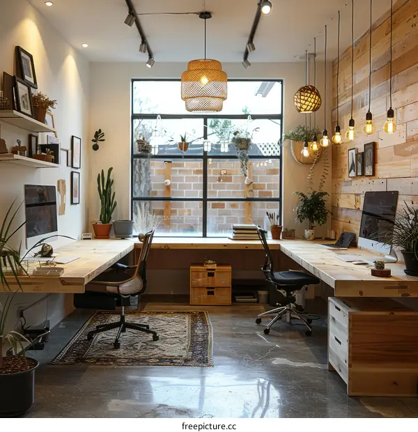 Two wooden desks in a bright and airy office space