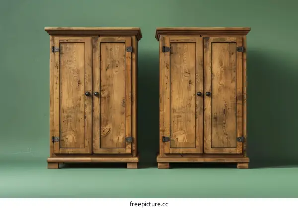 Two wooden cabinets with dark brown doors and black metal handles