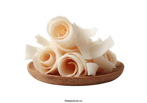 [Transparent Background PNG]Delicately Rolled Coconut Flakes in Wooden Dish