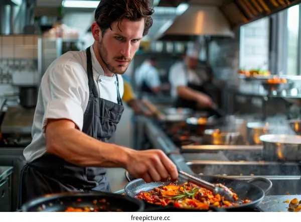Focused male chef cooking food in a busy restaurant kitchen