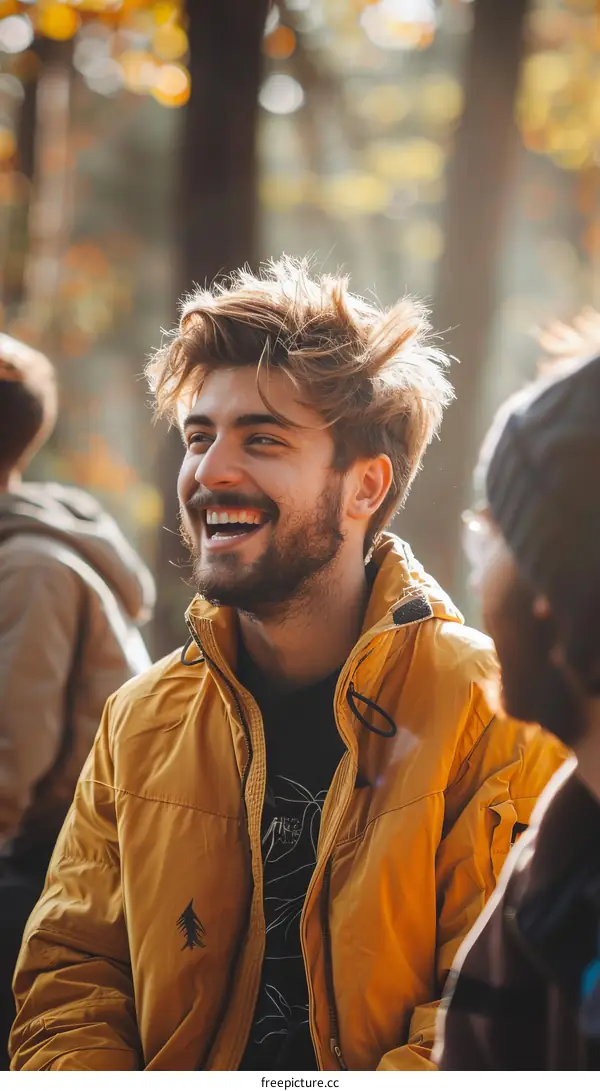 Bearded man in yellow jacket smiles broadly