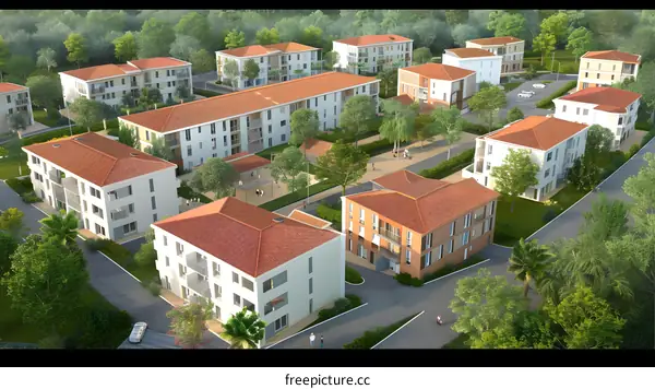 Aerial View of Residential Area with Multiple Buildings and Greenery