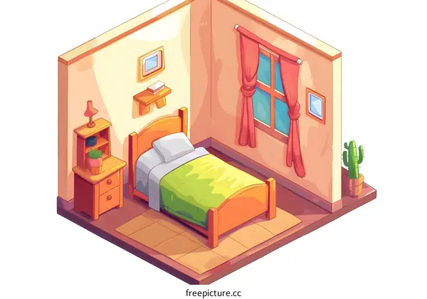 Bedroom Interior Illustration with Single Bed, Window, and Cactus