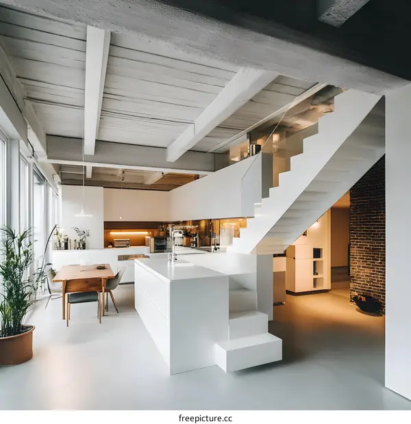 Modern Kitchen Design with White Cabinets and Stairs