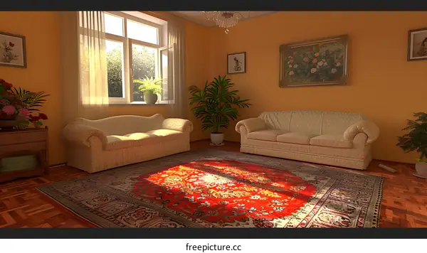 Sunlight Shining Through Window In Living Room With Persian Rug And Couch