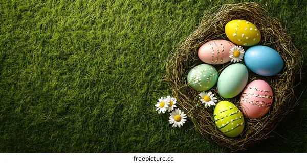 Colorful Easter Eggs in a Nest on Grass