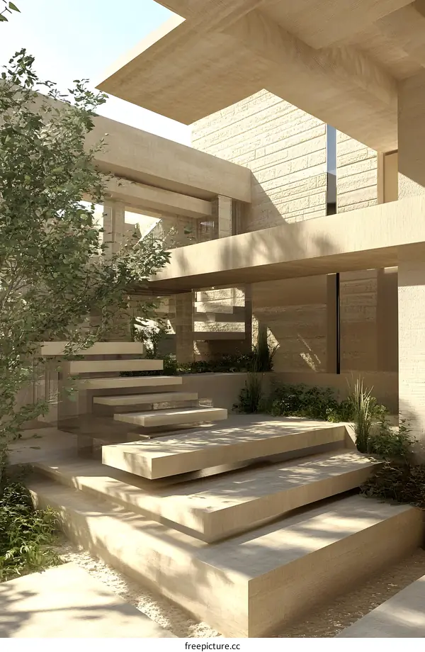 Modern Minimalist Concrete Architecture With Steps and Plants