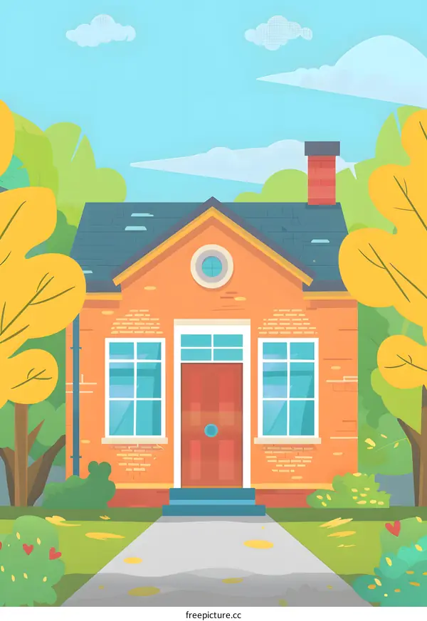Cartoon Illustration of a Brick House with a Garden