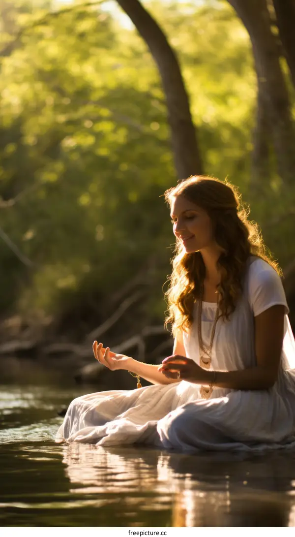 Young woman in a white dress sits in a river and meditates