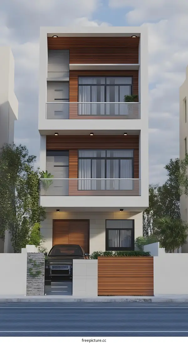 Modern Three Story Home Design with Wooden Accents