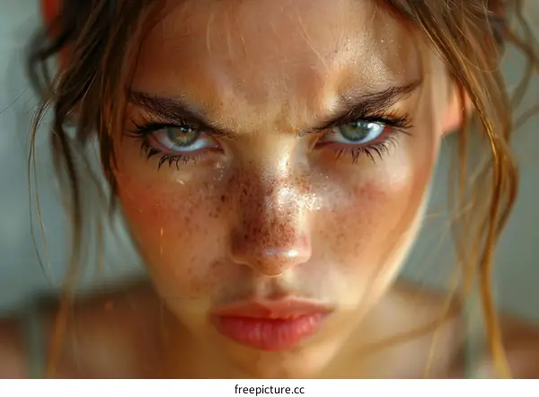 Close-up portrait of a woman with freckles and intense expression