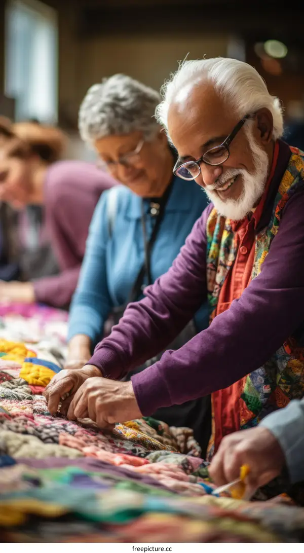 Two elderly people sewing a colorful quilt together