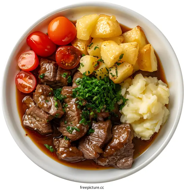 Beef stew with vegetables and mashed potatoes
