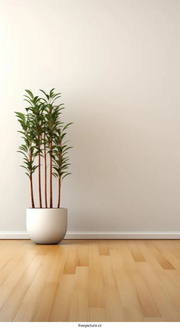 A potted plant sits in an empty room with a white wall and brown wooden floor.