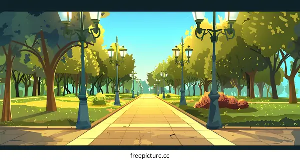 Summer Day in Park with Stone Pathway and Lamp Posts