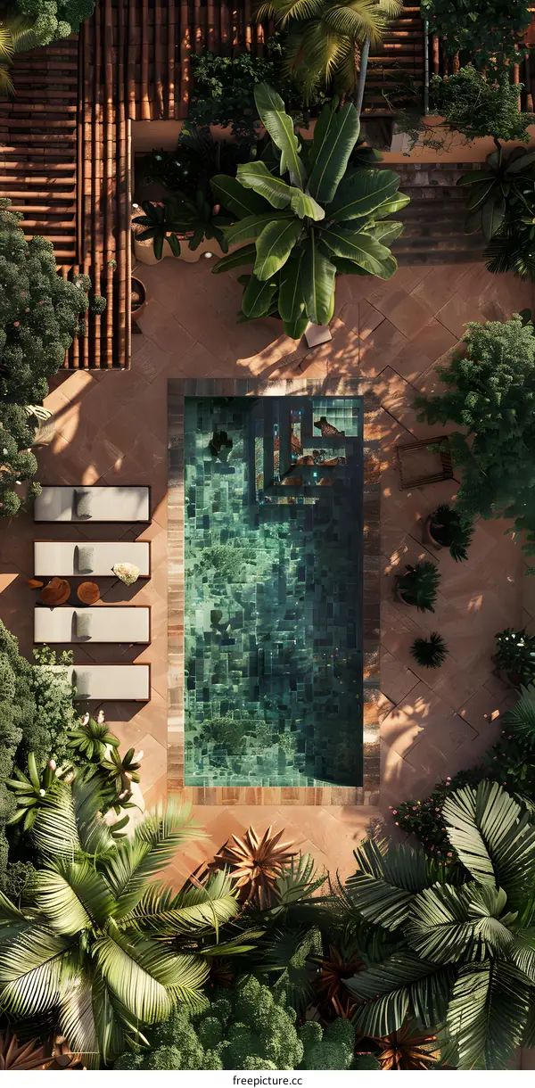 Aerial View of a Lush Tropical Courtyard with Swimming Pool