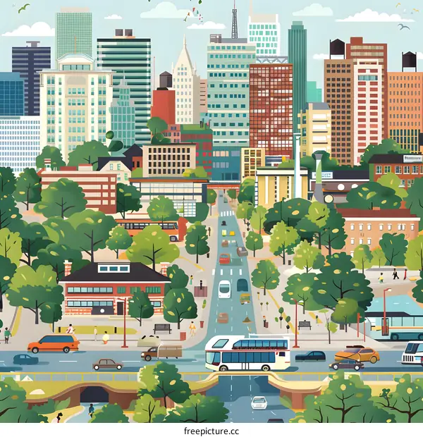 Cityscape Illustration with Buildings, Trees and Cars