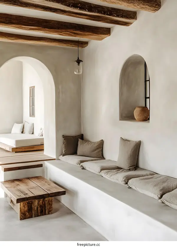 Minimalist  Interior Design with Wooden Beams and Arched Windows