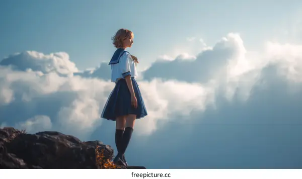 Caucasian girl in sailor uniform on a mountain top